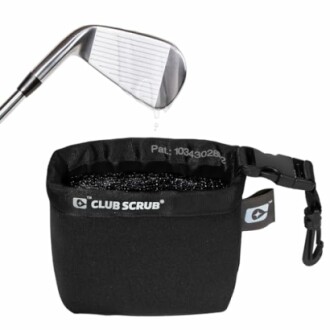 Golf club cleaning tool with water dripping from a club head into a scrub bag.