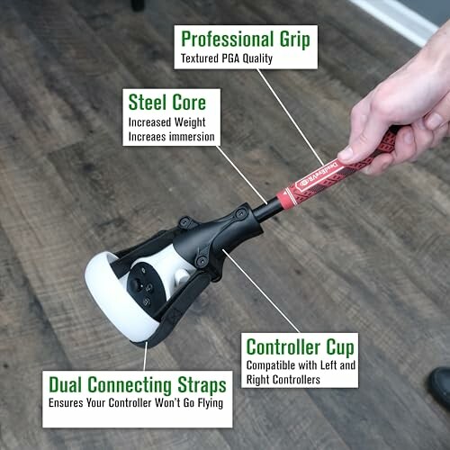 Golf club controller adapter with labels highlighting features like professional grip, steel core, dual connecting straps, and controller cup.