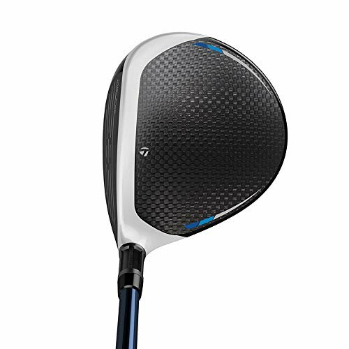 Top view of a golf club driver head with a carbon fiber design.