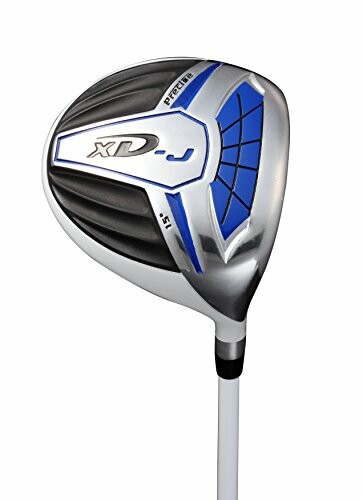 Close-up of a golf club driver head with blue and silver design.