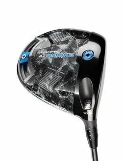 Golf club driver head with sleek design and branding.