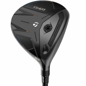 Black golf club driver head with logo and markings