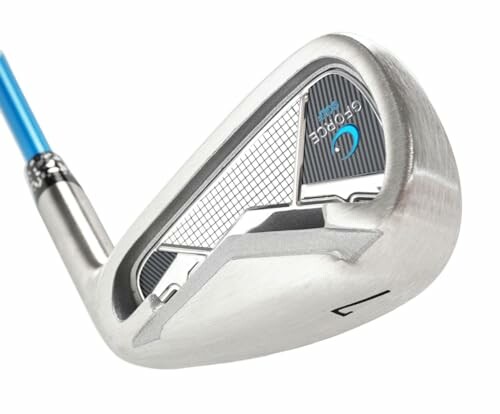 Close-up of a golf club iron with a blue shaft.