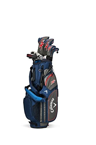 Golf club set in a blue bag with headcovers.