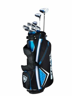 Complete golf club set with bag, including irons and woods.