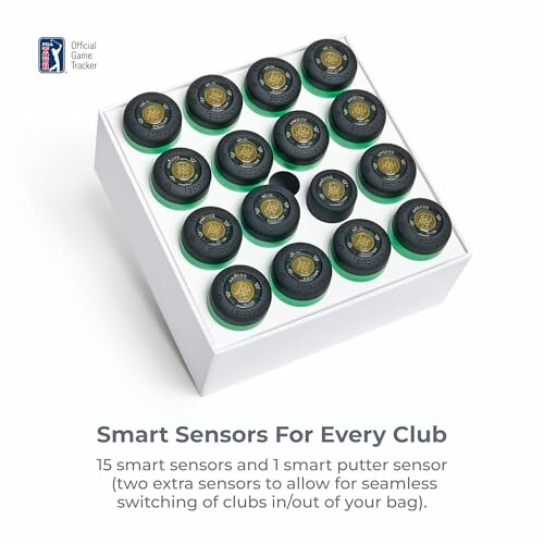 Box of 15 smart golf club sensors with description text.