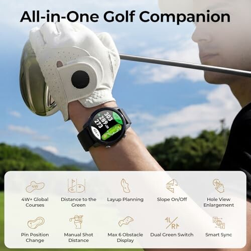 Person playing golf wearing a smartwatch with various golf features listed.
