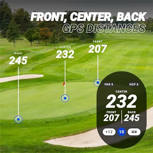 Golf course with GPS distances to front, center, and back of green.