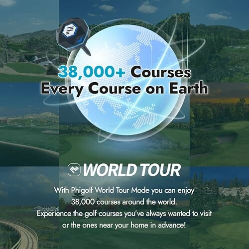 Advertisement for golf courses available worldwide with Phigolf World Tour mode.