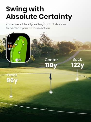 Golf course with distance measurements displayed on a digital device.
