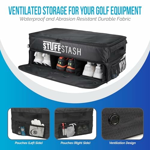 Ventilated storage bag for golf equipment with shoes and pouches.