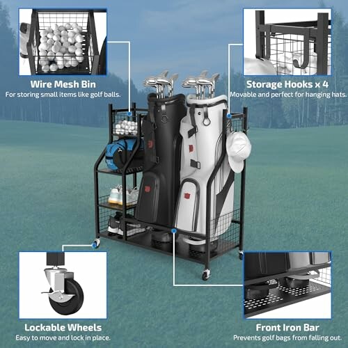 Golf equipment storage rack with bins, hooks, lockable wheels, and front iron bar.