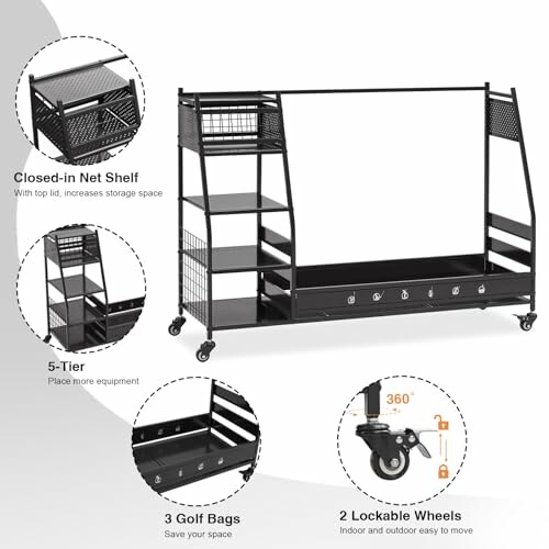 Black metal golf equipment storage rack with wheels, featuring a closed-in net shelf, five-tier shelves, space for three golf bags, and lockable wheels.