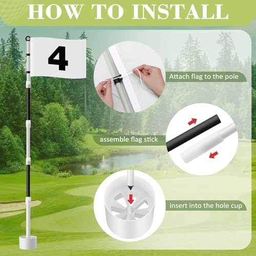 Installation steps for a golf flag on a course.