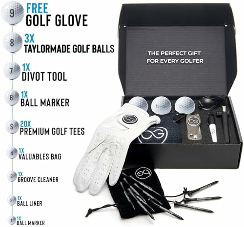 Golf gift set including glove, balls, divot tool, tees, and accessories.