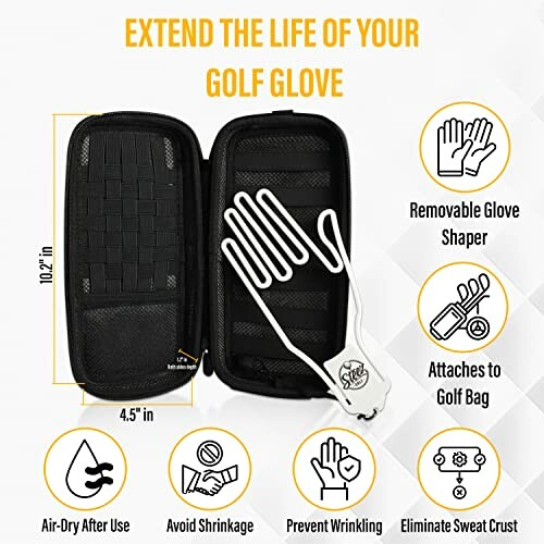 Golf glove case with removable shaper and features highlighted.