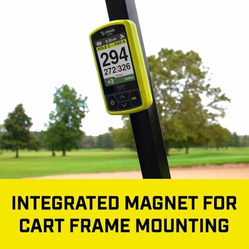 Golf GPS device with cart frame mounting feature on a golf course.