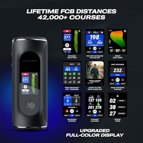 Golf GPS device with lifetime FCB distances and 42,000+ courses.