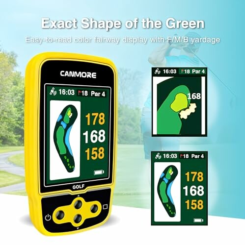 Yellow golf GPS device showing course layout and yardages.