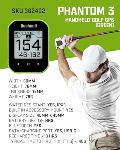 Golf GPS device advertisement with specifications and golfer image.