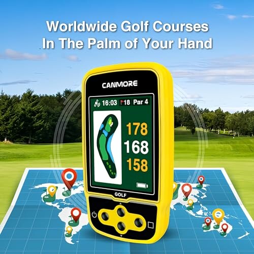 Handheld golf GPS device displaying course map and distances.
