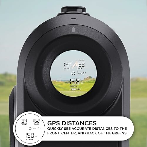 Golf GPS device displaying distances to front, center, and back of greens.