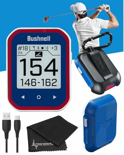 Golf GPS rangefinder kit with accessories including a golfer in action.