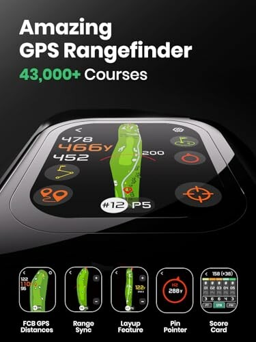 Smartwatch displaying golf GPS rangefinder features and course options.