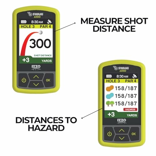 Golf GPS rangefinder displaying shot distance and hazards.