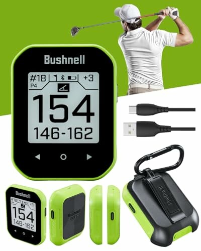 Golf GPS rangefinder device with golfer and accessories.