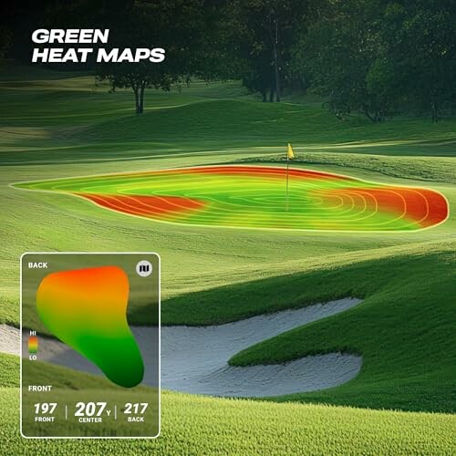 Golf course green with heat map overlay showing elevation and slopes.