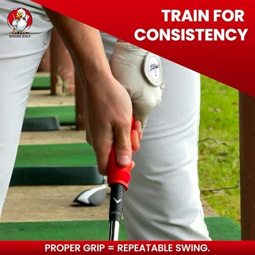 Close-up of a golfer's hand gripping a club with text: Train for Consistency.