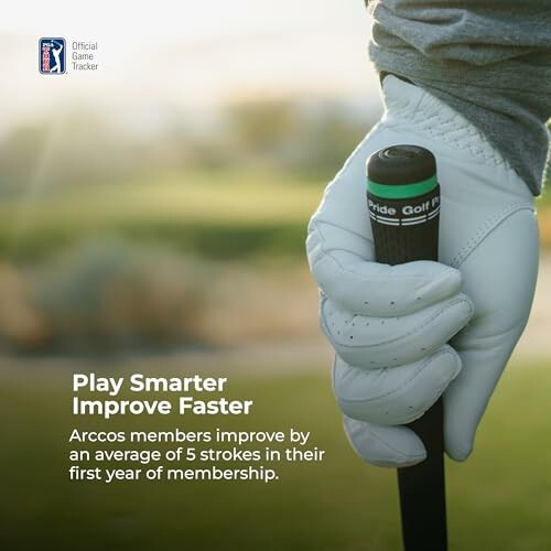 Gloved hand holding a golf club with text about improving golf skills.