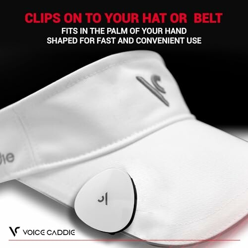 Voice Caddie device clipped on a white golf hat.