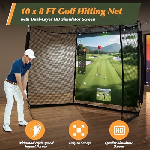 Person using a 10x8 FT golf hitting net with HD simulator screen indoors.