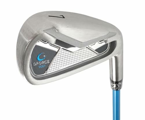 Close-up of a golf iron club head with a blue shaft.