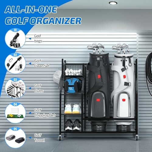 All-in-one golf organizer with bags, clubs, chipping net, and towel.