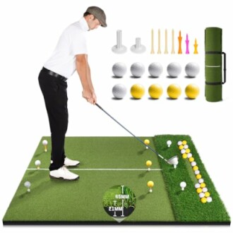 Person practicing golf with mat, tees, balls, and accessories.