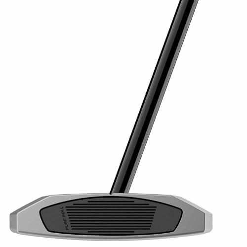 Close-up of a golf putter club head with a black shaft.