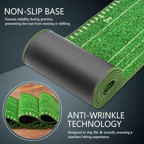 Golf putting green mat with non-slip base and anti-wrinkle technology.