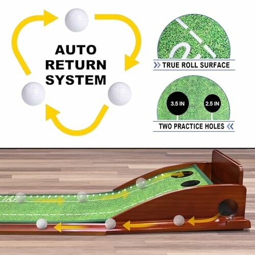 Golf putting mat with auto return system and two practice holes.