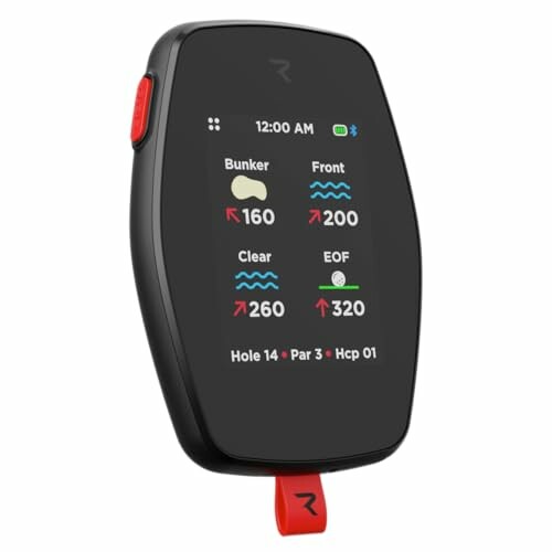 Golf rangefinder device displaying distances to hazards and the hole.