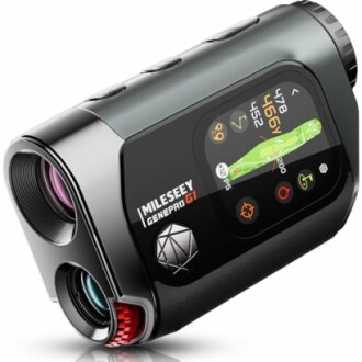 Golf rangefinder with digital display and lens.