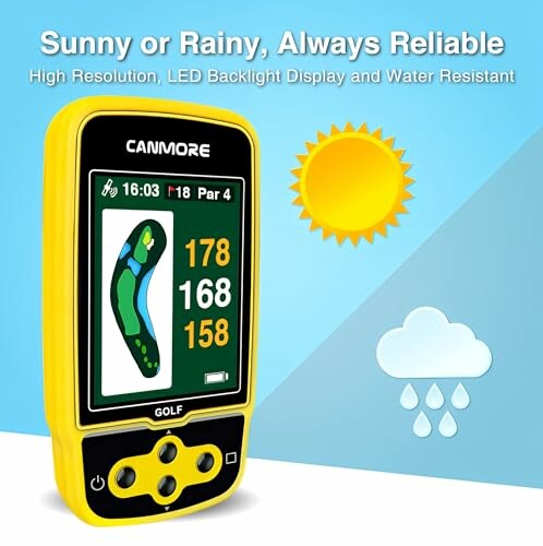 Yellow golf rangefinder with weather symbols, highlighting features.