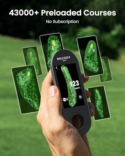 Hand holding a golf rangefinder with digital display showing course maps.