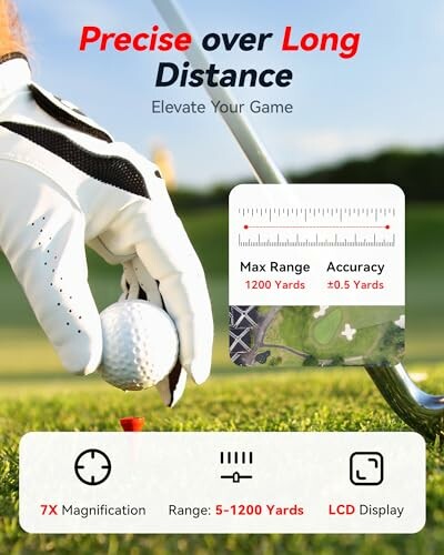 Golf rangefinder with 1200-yard range and 0.5-yard accuracy.
