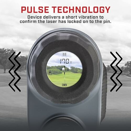 Golf rangefinder with pulse technology and display view.