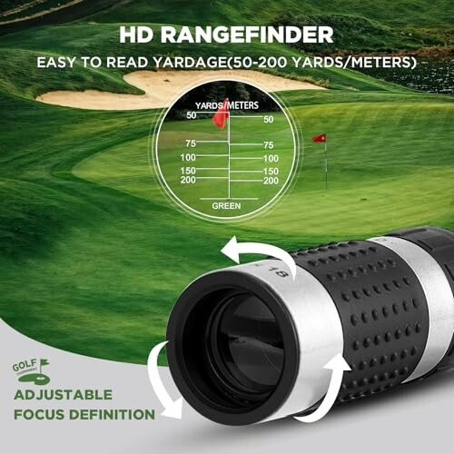 Golf rangefinder with yardage display and focus adjustment.