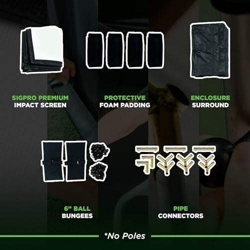 Components for golf simulator setup, including impact screen, foam padding, enclosure surround, ball bungees, and pipe connectors.