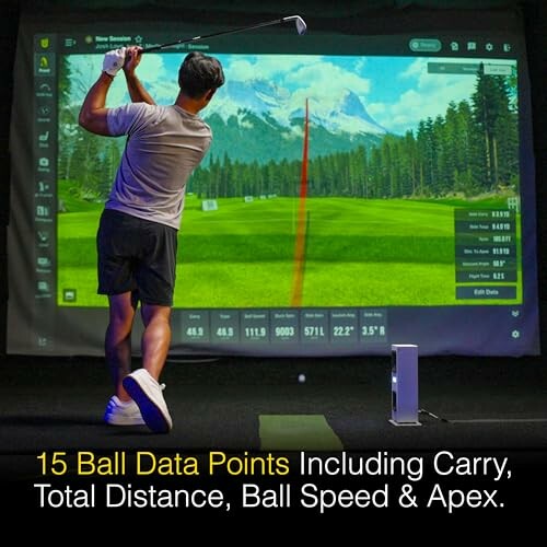 Person using golf simulator with data display.